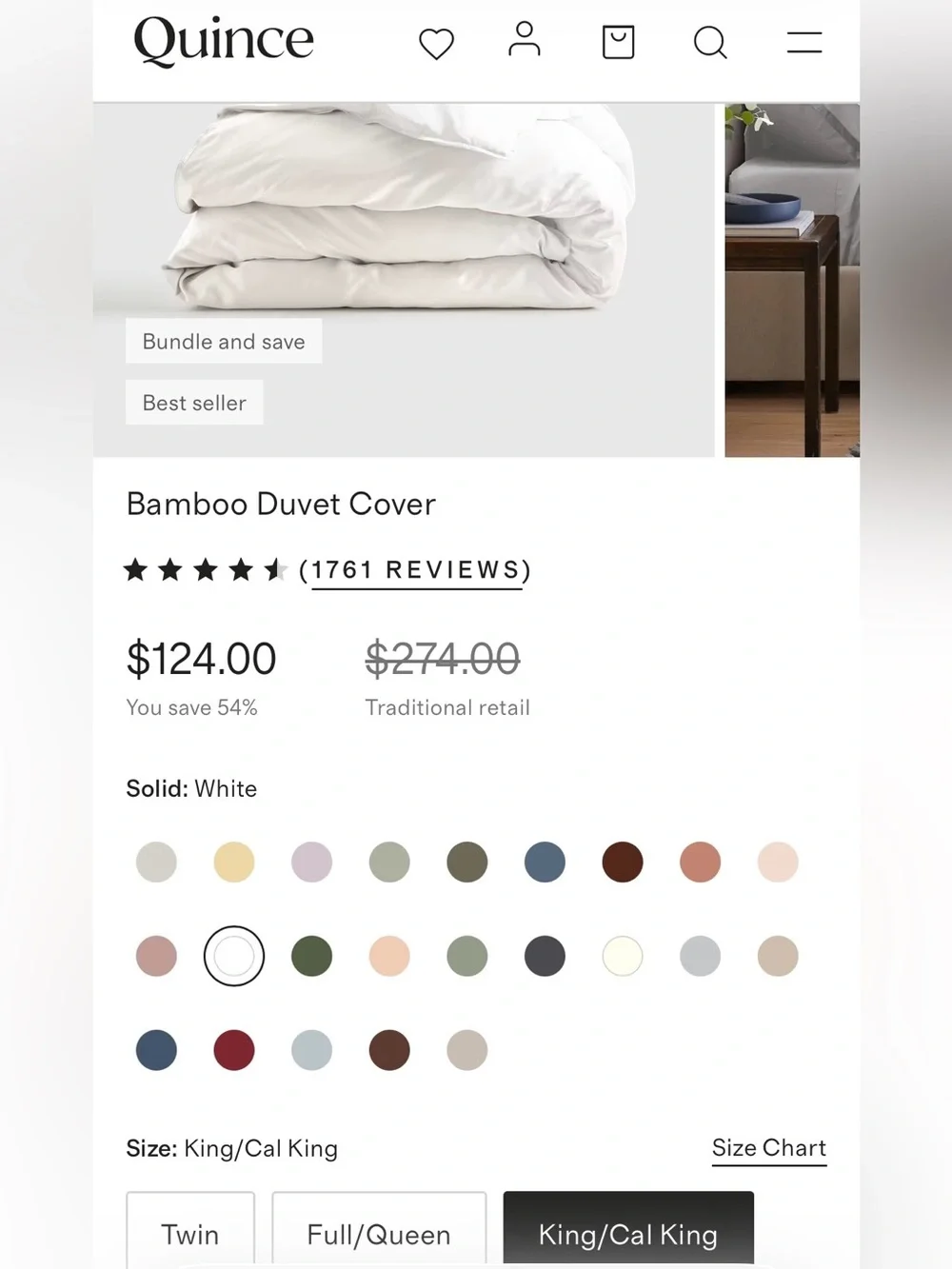 NWOT Quince Bamboo 1 Piece Duvet Cover, King/Cal (White)